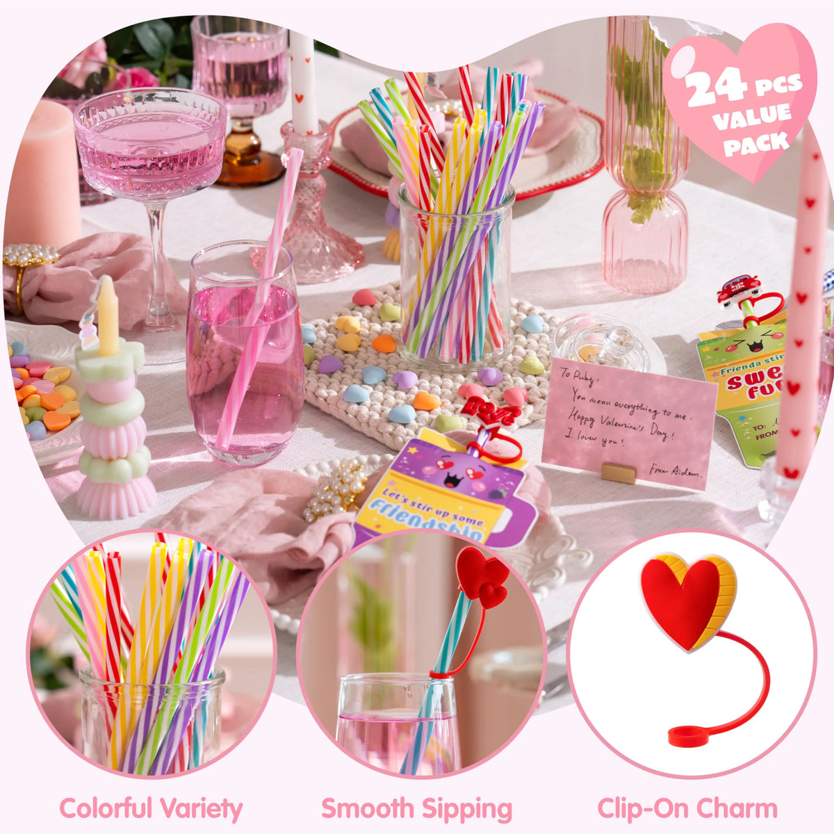 JOYIN 24 Pcs Valentine's Day Cards with Straw Covers and Caps for Cups