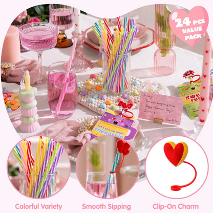 JOYIN 24 Pcs Valentine's Day Cards with Straw Covers and Caps for Cups