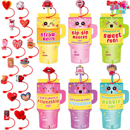 JOYIN 24 Pcs Valentine's Day Cards with Straw Covers and Caps for Cups