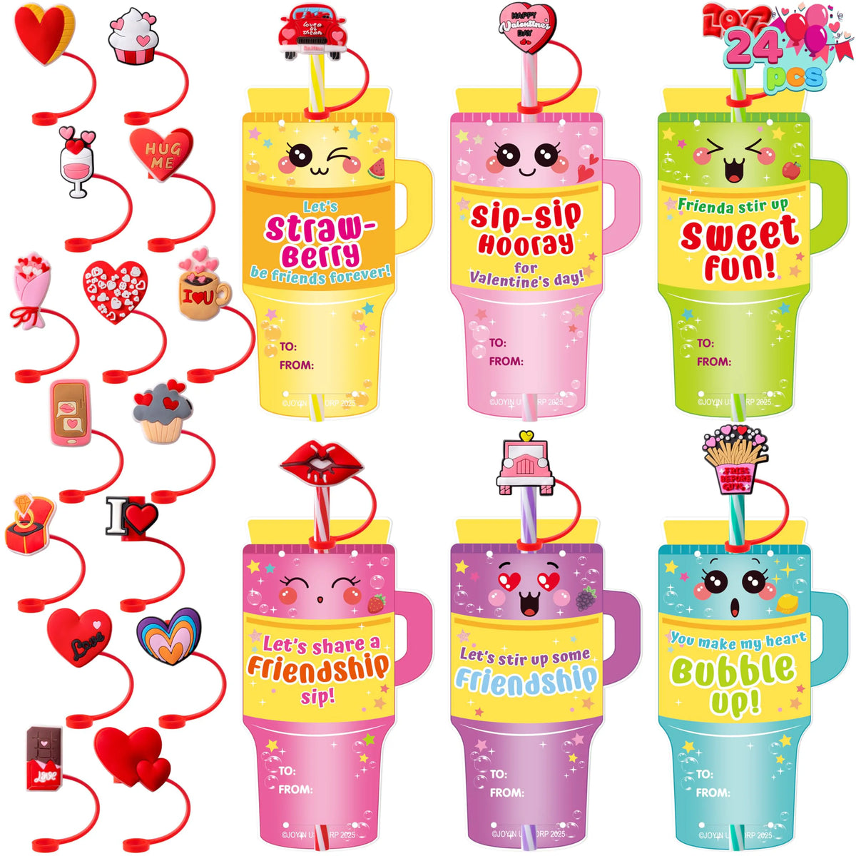 JOYIN 24 Pcs Valentine's Day Cards with Straw Covers and Caps for Cups
