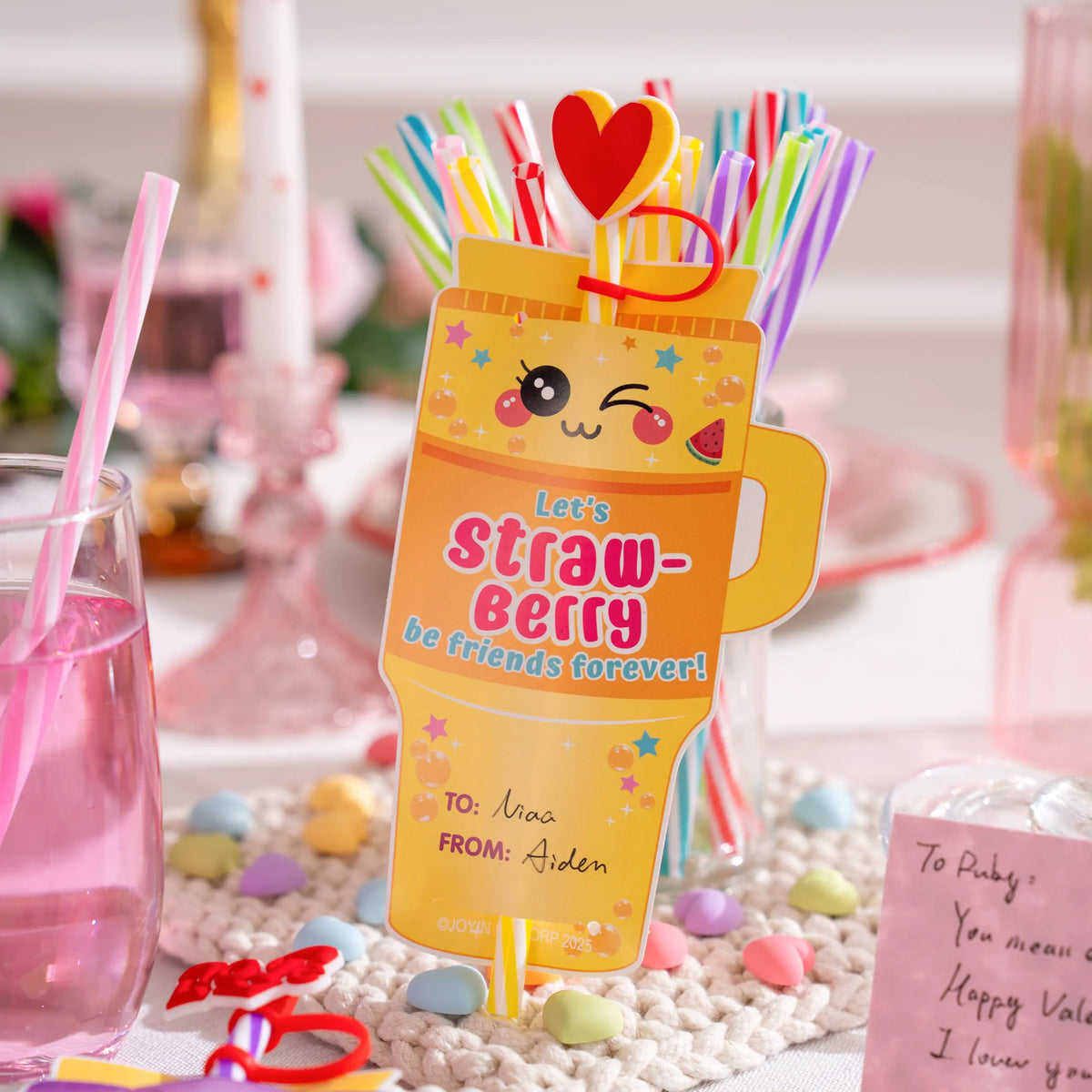 JOYIN 24 Pcs Valentine's Day Cards with Straw Covers and Caps for Cups