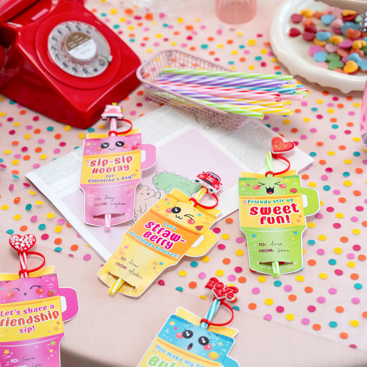 JOYIN 24 Pcs Valentine's Day Cards with Straw Covers and Caps for Cups