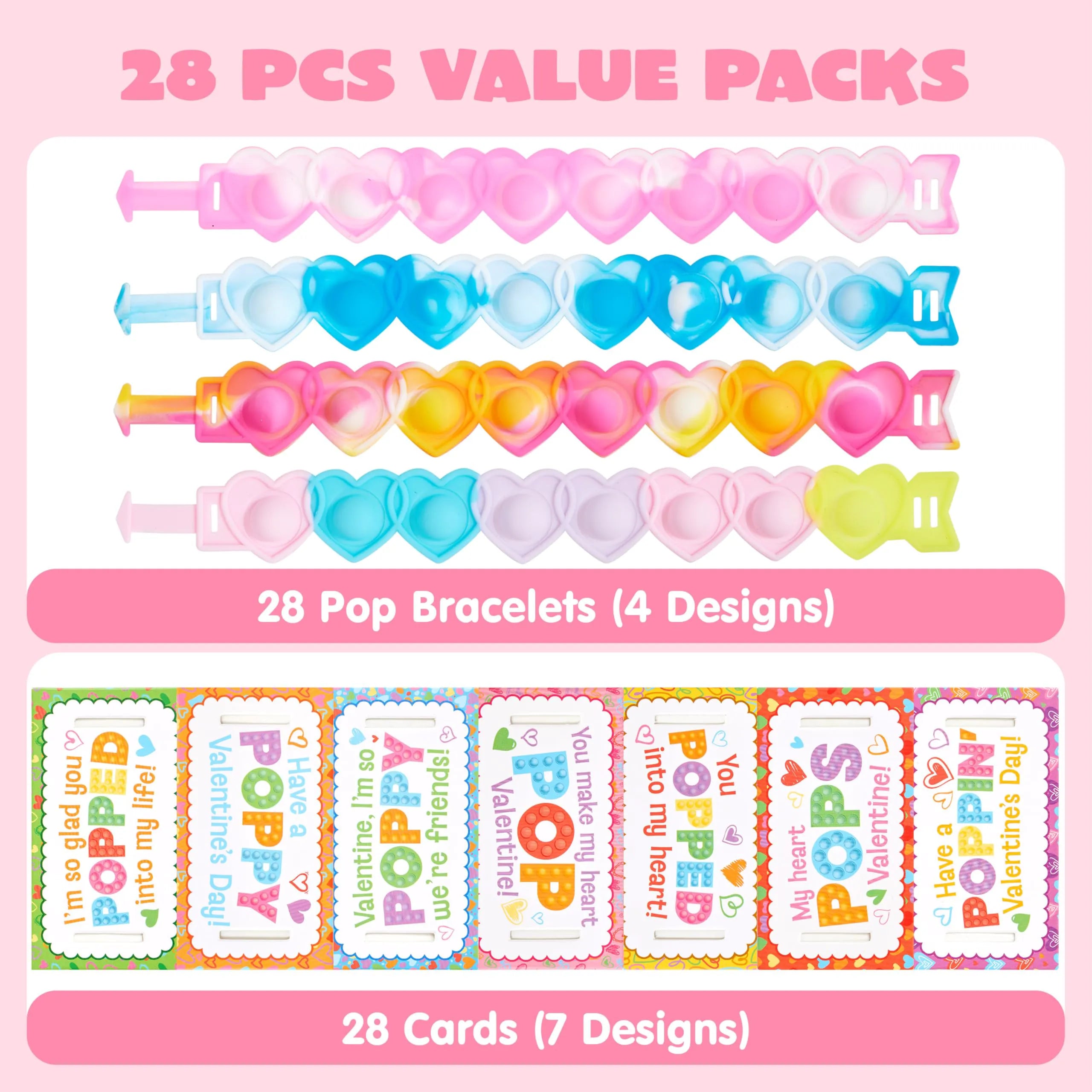 JOYIN 28-Piece Valentine's Day Stress Relief Pop Bubble Fidget Toys with Heart Pop Fidget Bracelets