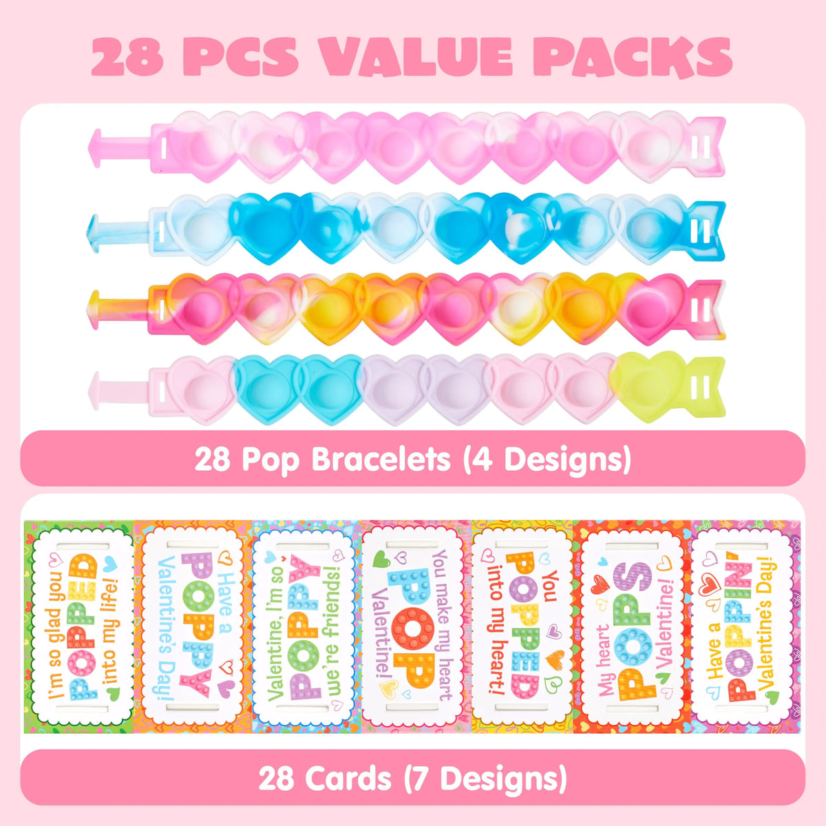 JOYIN 28-Piece Valentine's Day Stress Relief Pop Bubble Fidget Toys with Heart Pop Fidget Bracelets