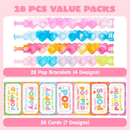 JOYIN 28-Piece Valentine's Day Stress Relief Pop Bubble Fidget Toys with Heart Pop Fidget Bracelets