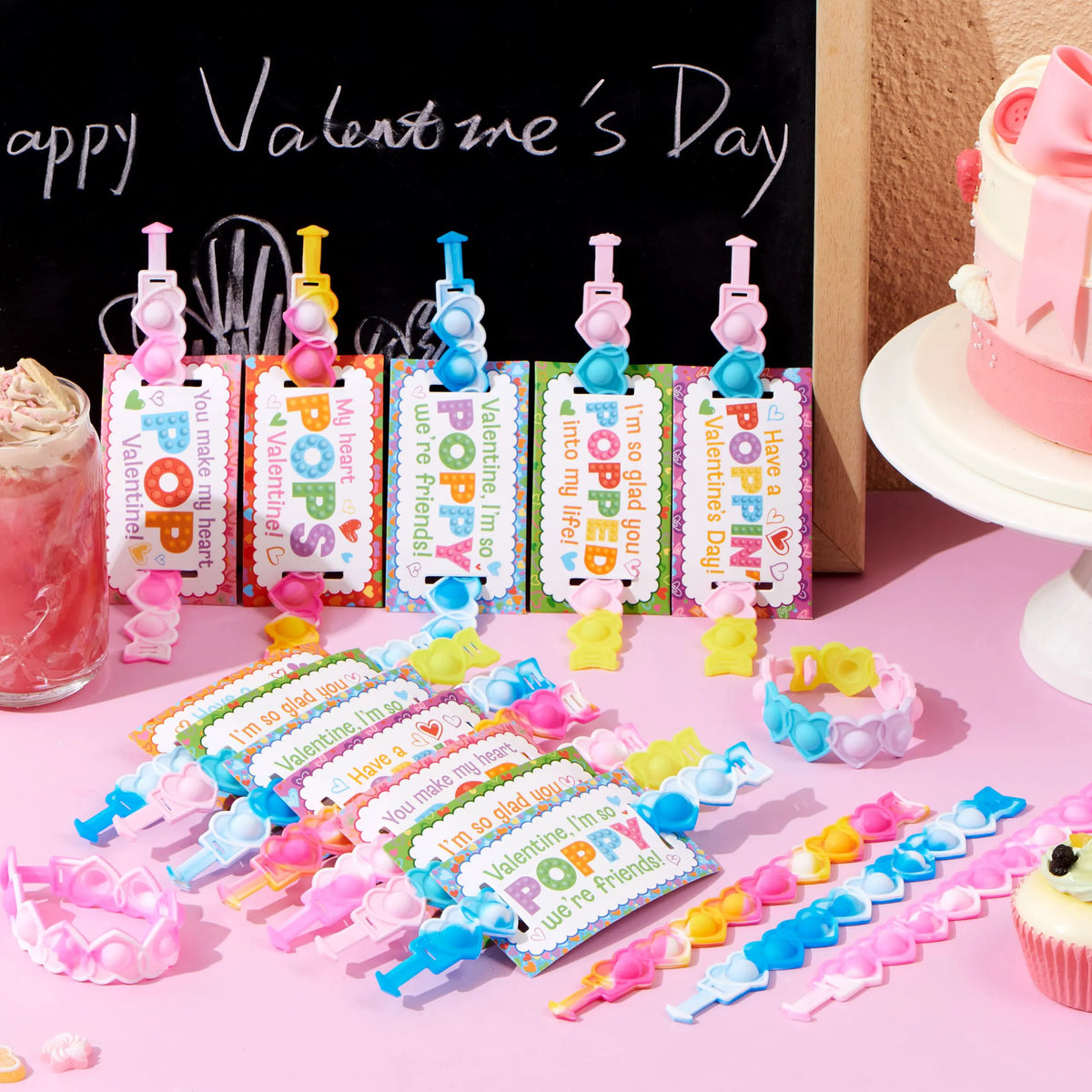 JOYIN 28-Piece Valentine's Day Stress Relief Pop Bubble Fidget Toys with Heart Pop Fidget Bracelets