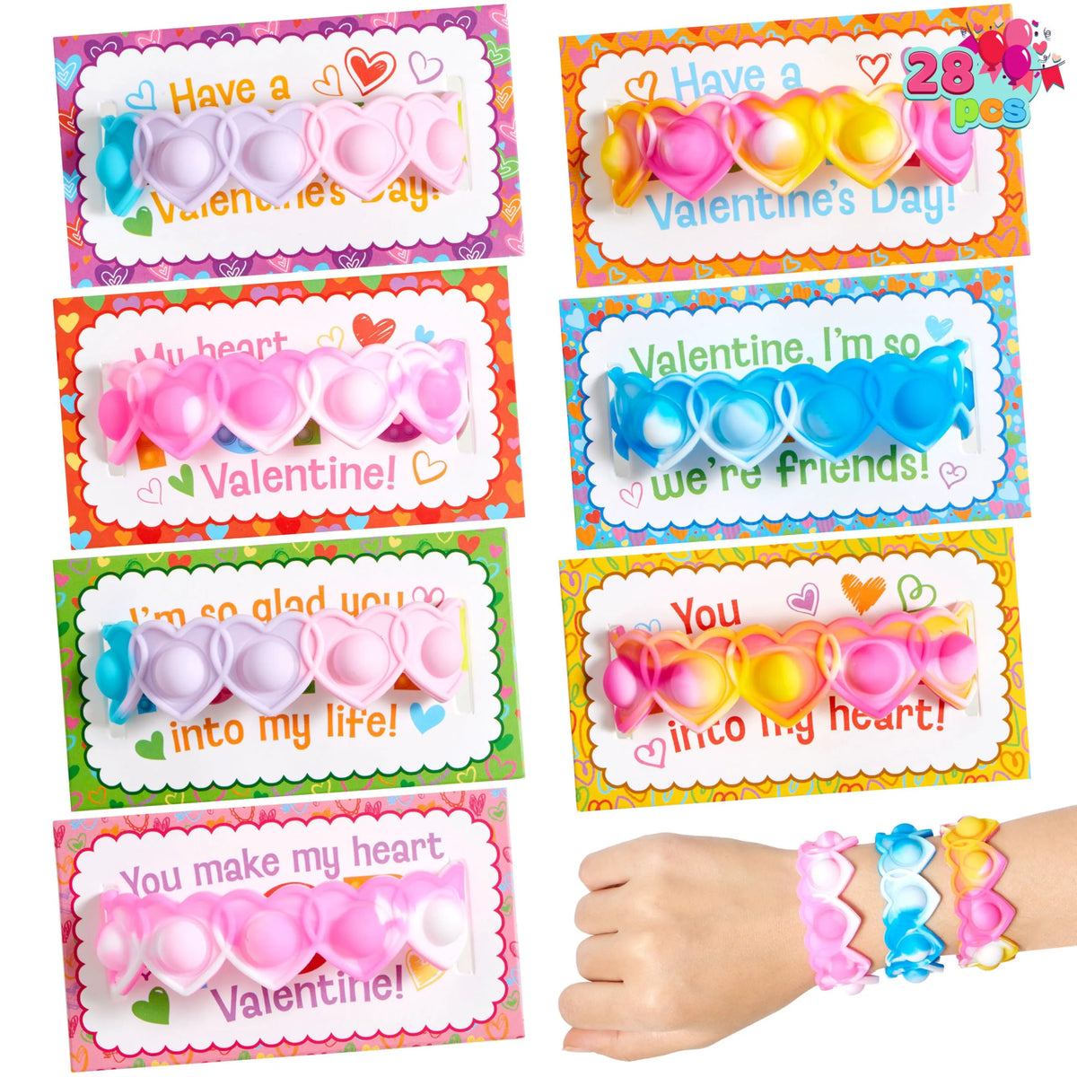 JOYIN 28-Piece Valentine's Day Stress Relief Pop Bubble Fidget Toys with Heart Pop Fidget Bracelets