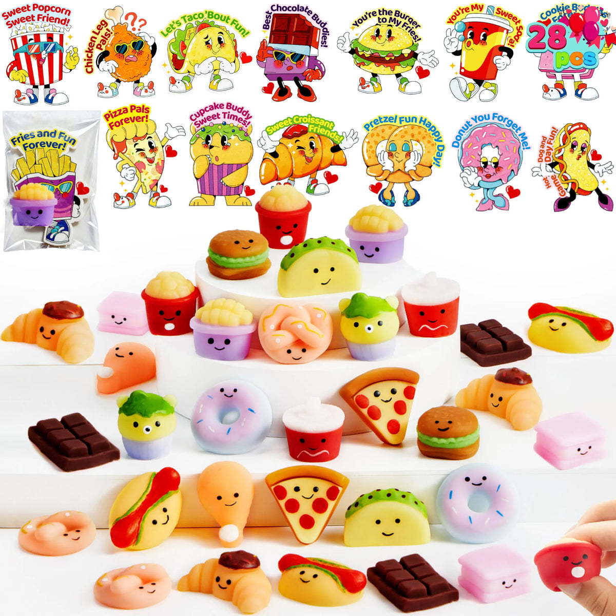 JOYIN 28-Pack Valentine's Day Cards with Kawaii Dessert Fidget Toys (14 Designs)