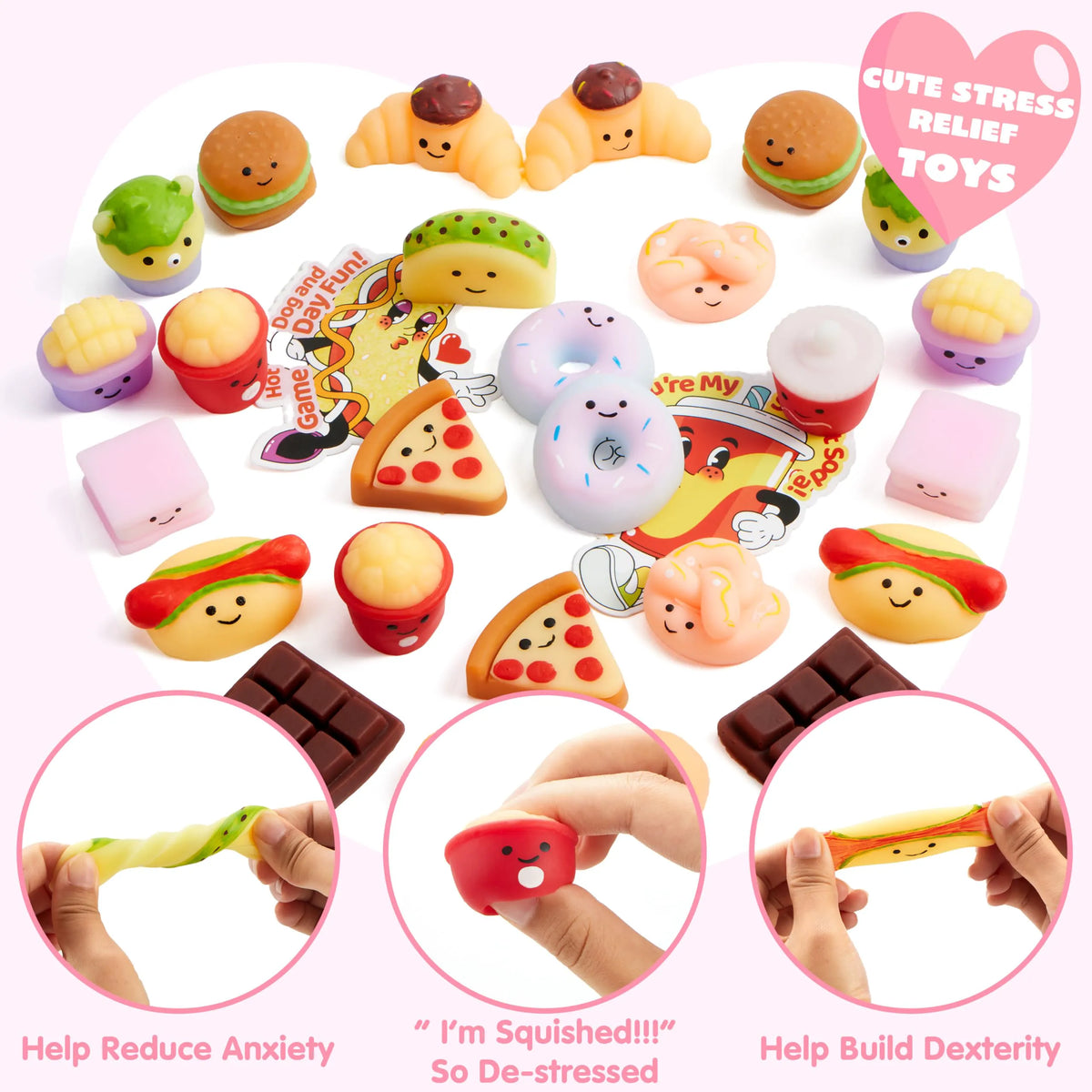 JOYIN 28-Pack Valentine's Day Cards with Kawaii Dessert Fidget Toys (14 Designs)