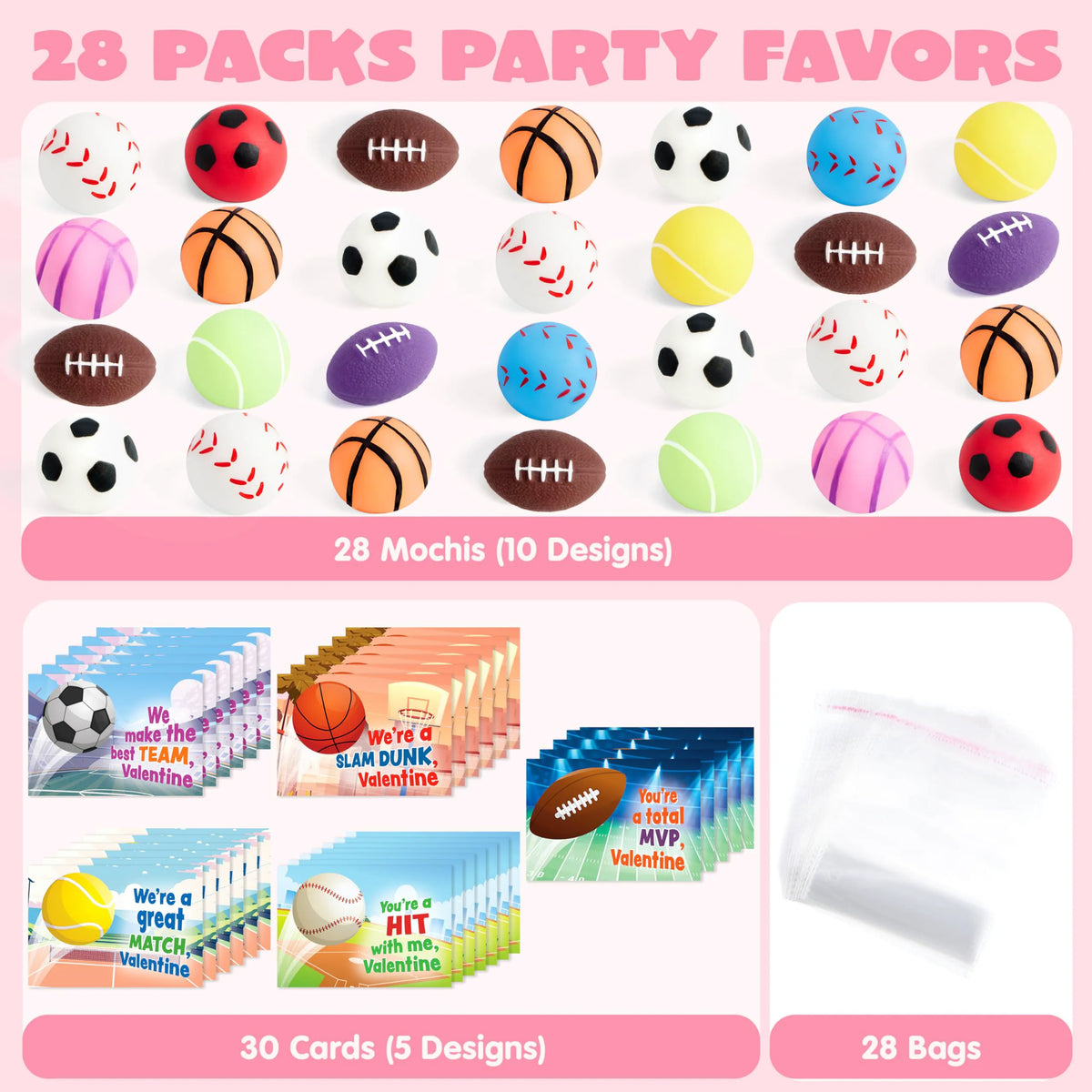 JOYIN 28-Pack Valentine's Day Kawaii Sports Ball Mochi Squishy Fidget Toys for Kids