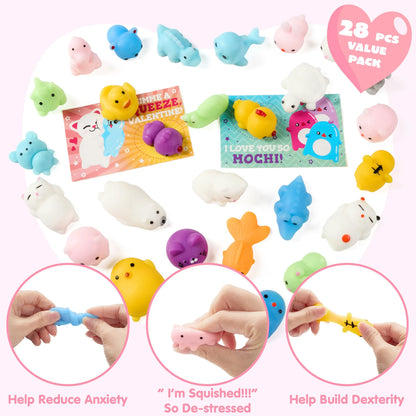 JOYIN 28-Pack Valentine's Day Mochi Squishy Toys Stress Relief Gift Cards for Kids