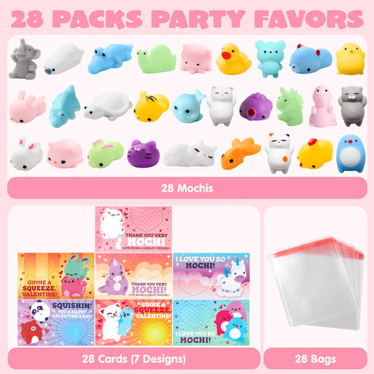 JOYIN 28-Pack Valentine's Day Mochi Squishy Toys Stress Relief Gift Cards for Kids