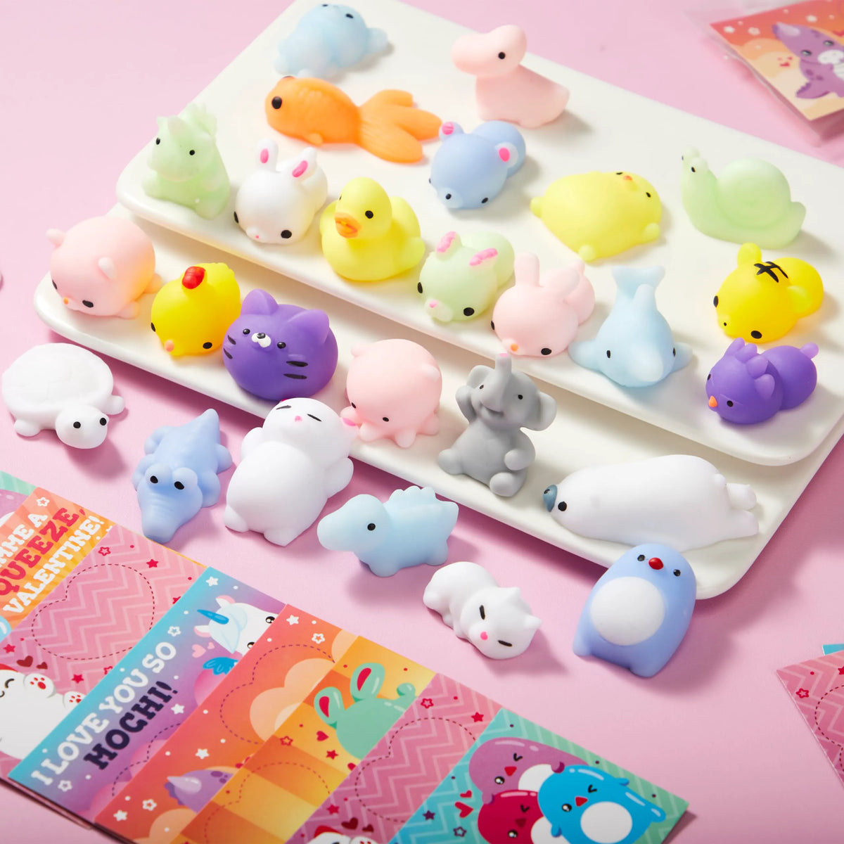 JOYIN 28-Pack Valentine's Day Mochi Squishy Toys Stress Relief Gift Cards for Kids