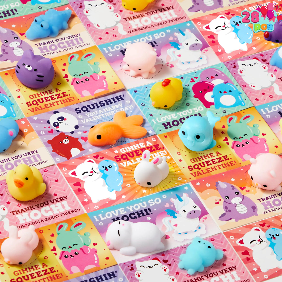 JOYIN 28-Pack Valentine's Day Mochi Squishy Toys Stress Relief Gift Cards for Kids