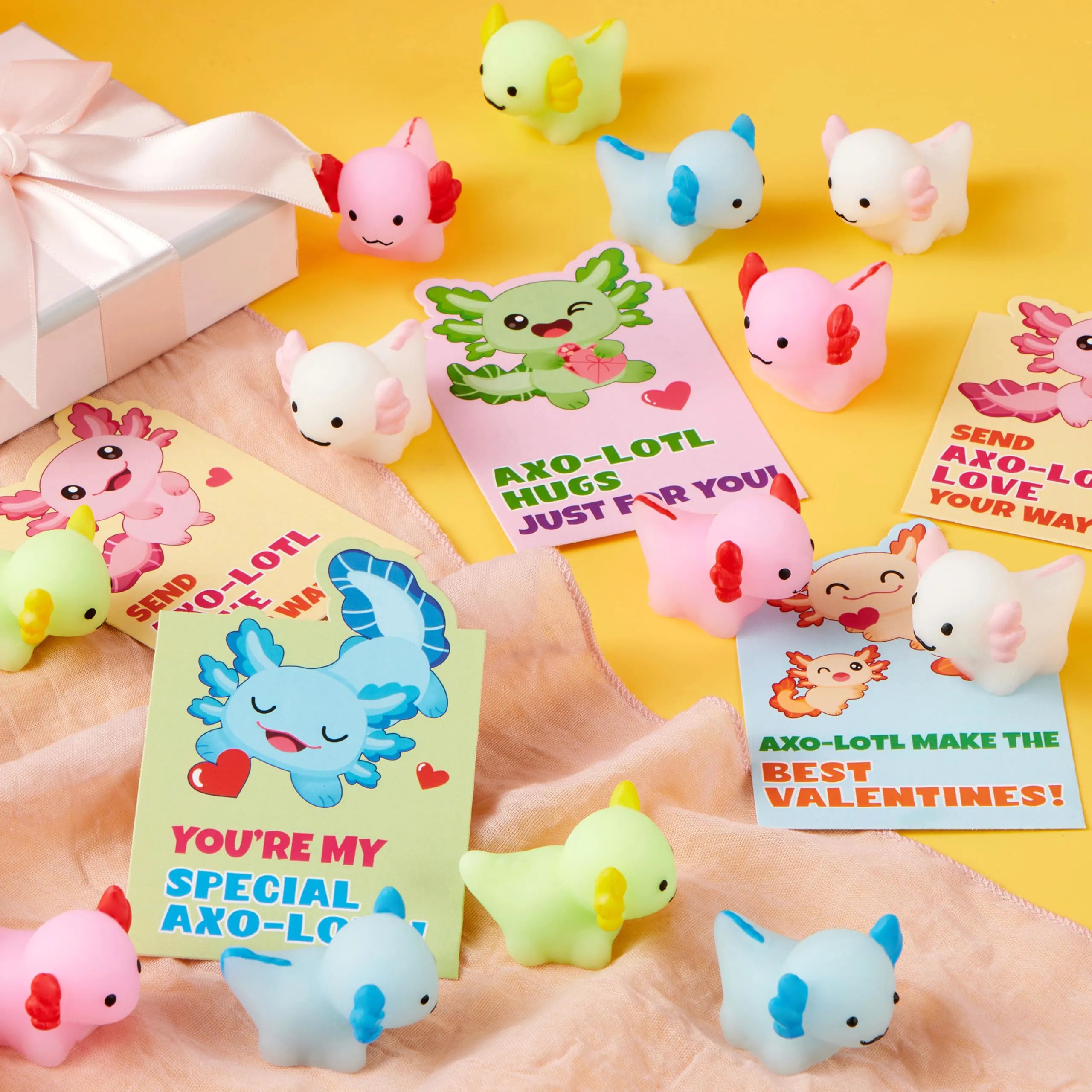 JOYIN 28-Pack Valentine's Day Axolotl Mochi Squishy Toys with Funny Cards for Kids