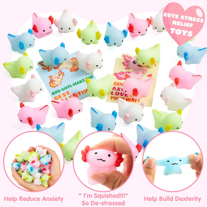 JOYIN 28-Pack Valentine's Day Axolotl Mochi Squishy Toys with Funny Cards for Kids