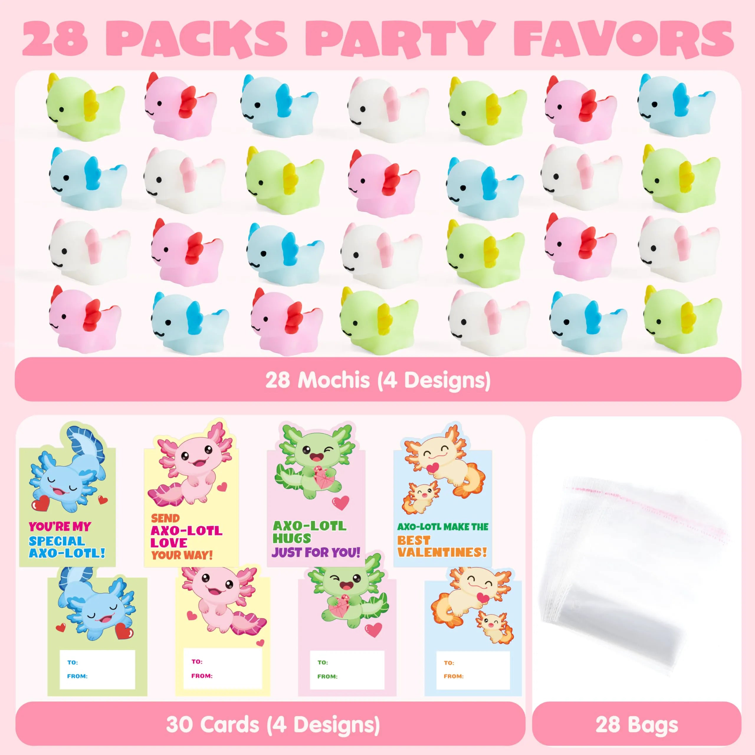 JOYIN 28-Pack Valentine's Day Axolotl Mochi Squishy Toys with Funny Cards for Kids