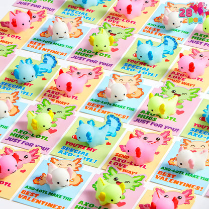 JOYIN 28-Pack Valentine's Day Axolotl Mochi Squishy Toys with Funny Cards for Kids