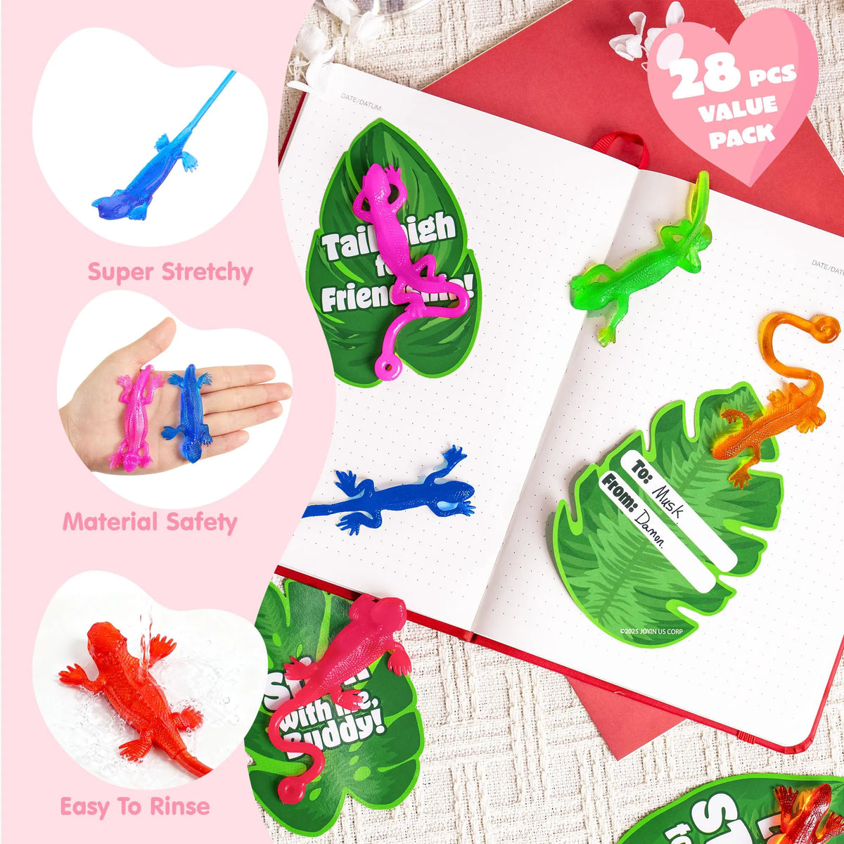 JOYIN 28 Pack Valentine's Day Sticky Lizards with Cards for Kids - 7 Colors & 4 Card Designs