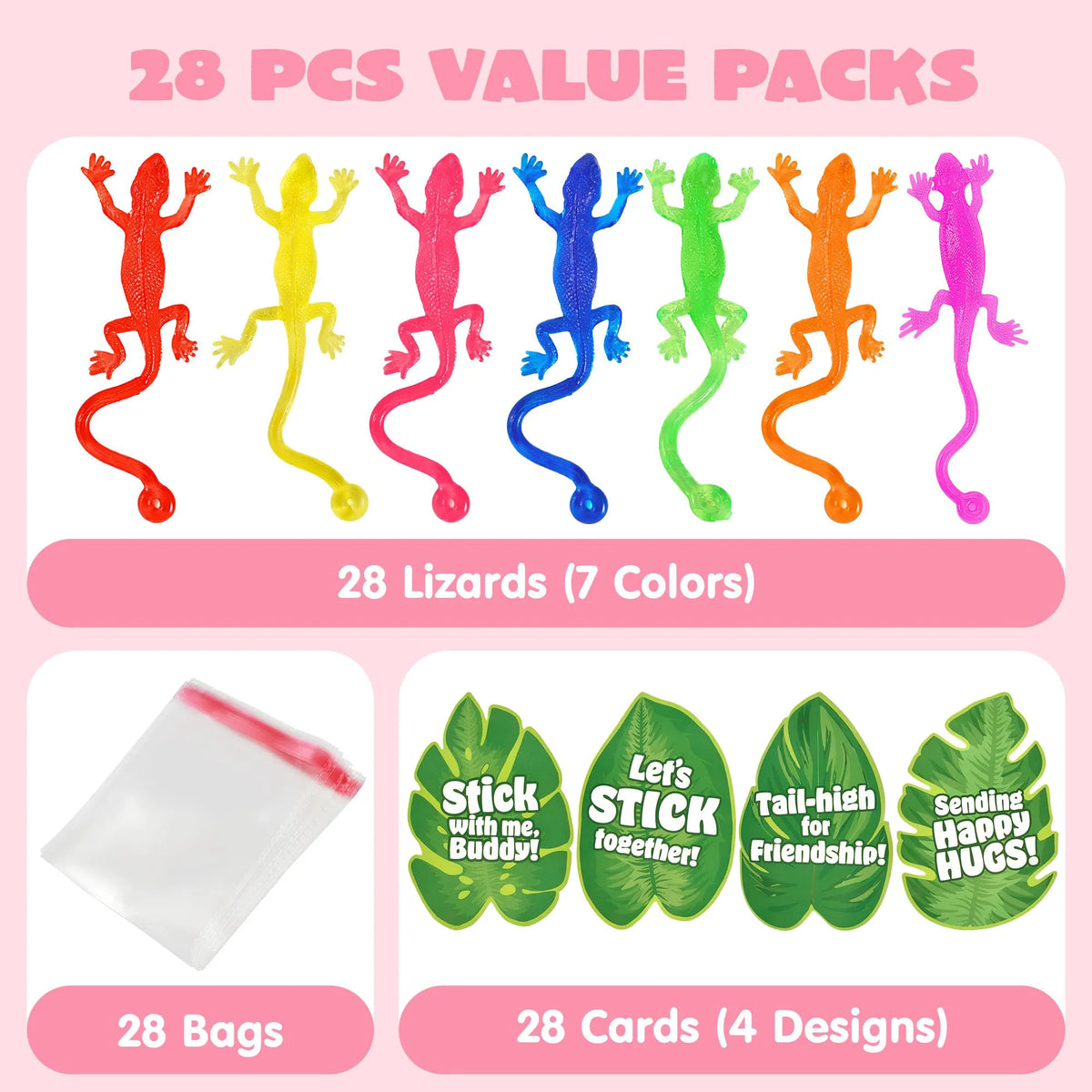 JOYIN 28 Pack Valentine's Day Sticky Lizards with Cards for Kids - 7 Colors & 4 Card Designs