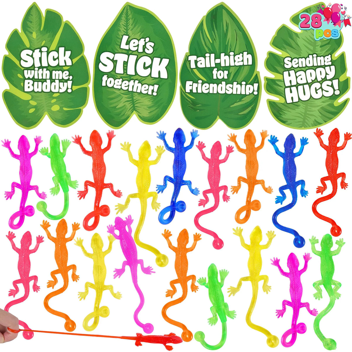 JOYIN 28 Pack Valentine's Day Sticky Lizards with Cards for Kids - 7 Colors & 4 Card Designs