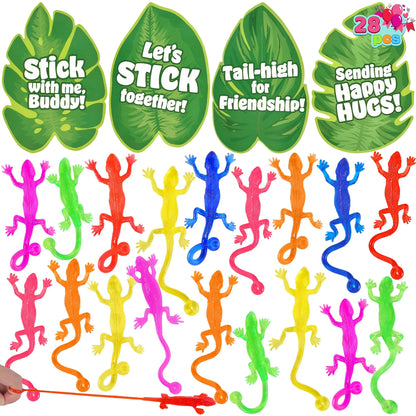 JOYIN 28 Pack Valentine's Day Sticky Lizards with Cards for Kids - 7 Colors & 4 Card Designs
