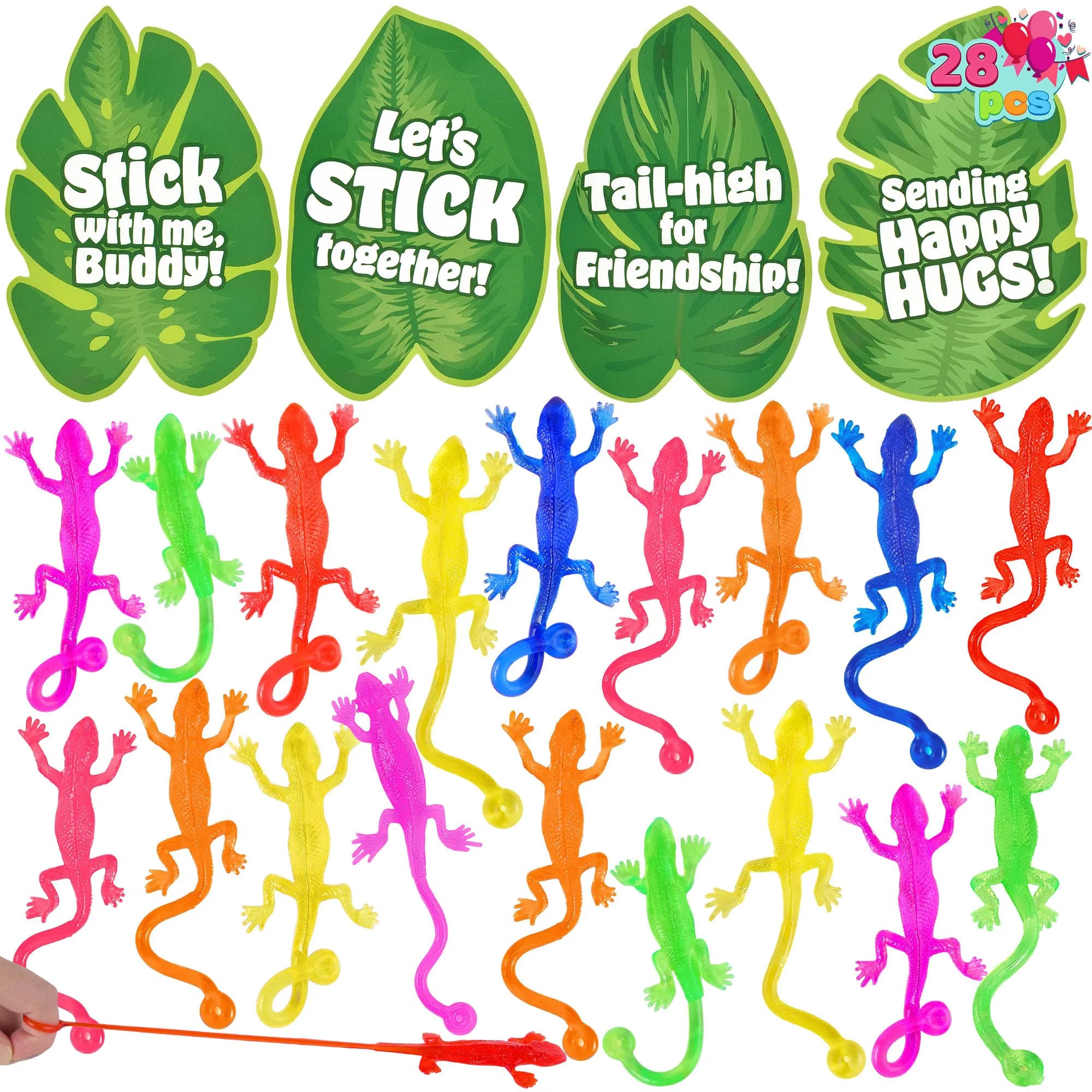 JOYIN 28 Pack Valentine's Day Sticky Lizards with Cards for Kids - 7 Colors & 4 Card Designs