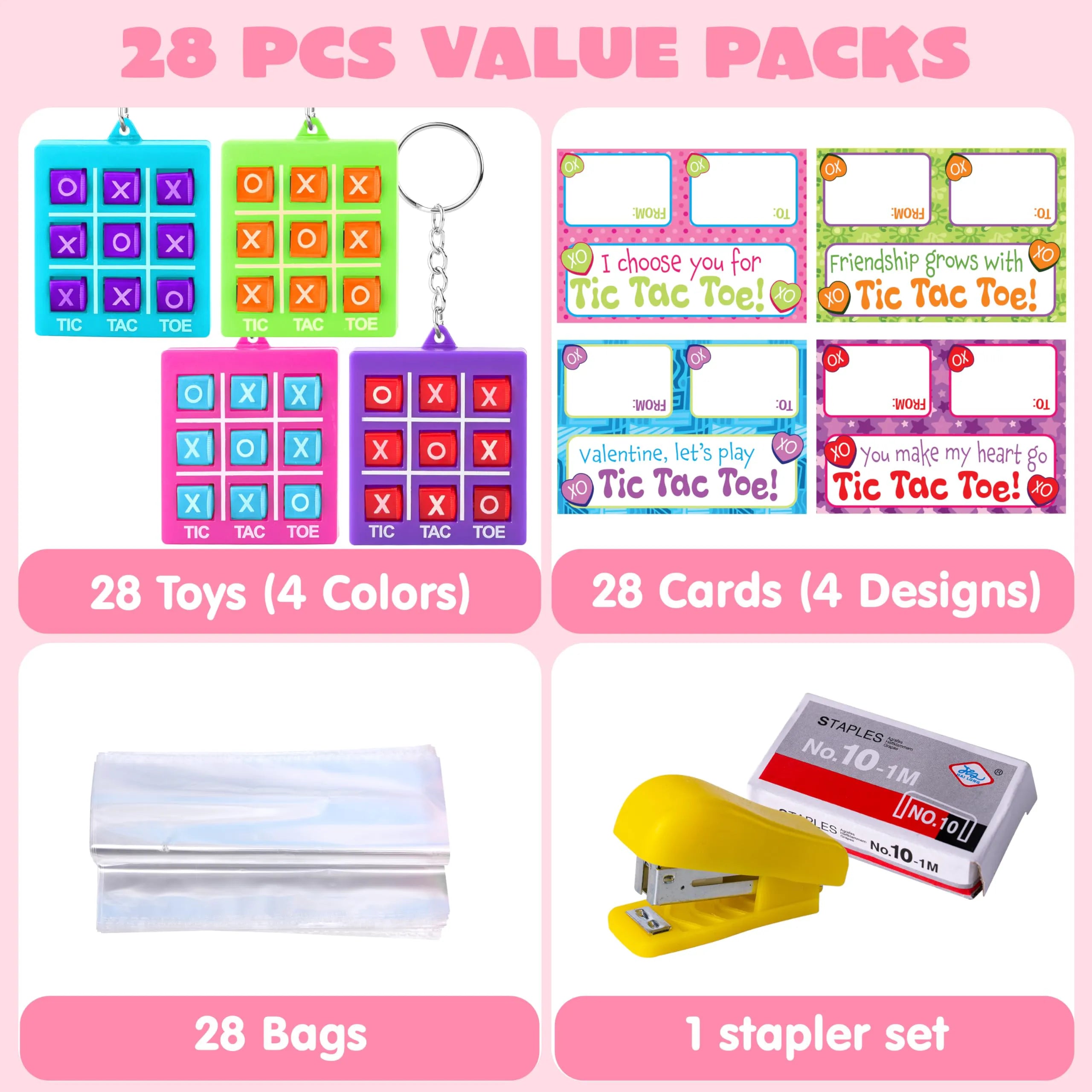 JOYIN 28-Piece Valentine's Day Plastic Tic Tac Toe Game Favors in 4 Colors for Kids Goodie Bag Stuffers