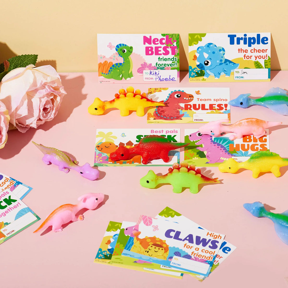 JOYIN 28-Piece Valentine's Day Slingshot Dinosaur Toys with Cards