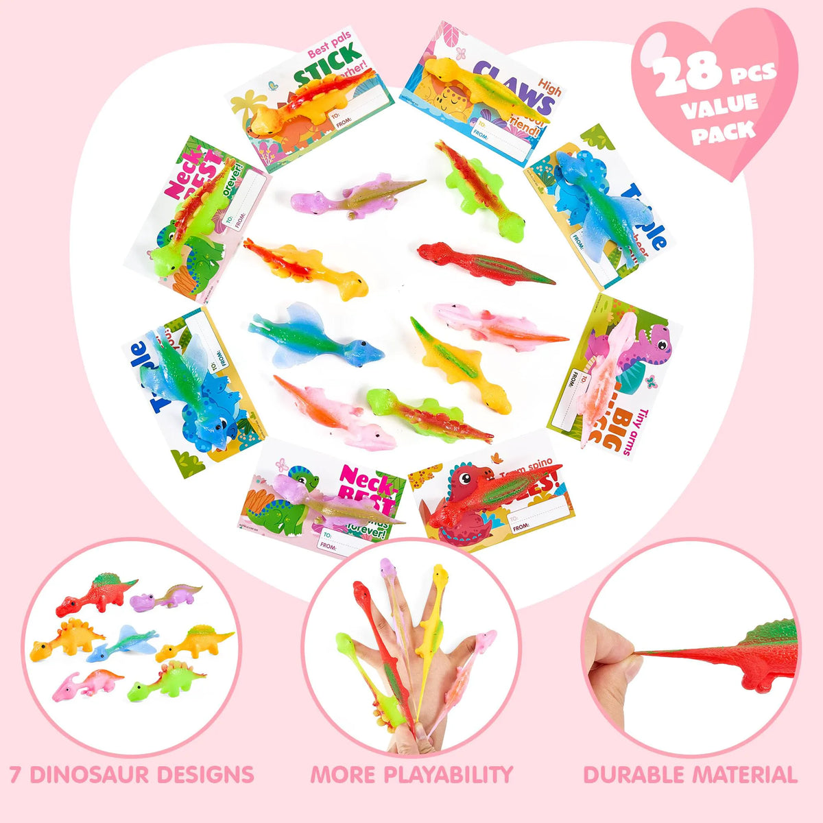 JOYIN 28-Piece Valentine's Day Slingshot Dinosaur Toys with Cards