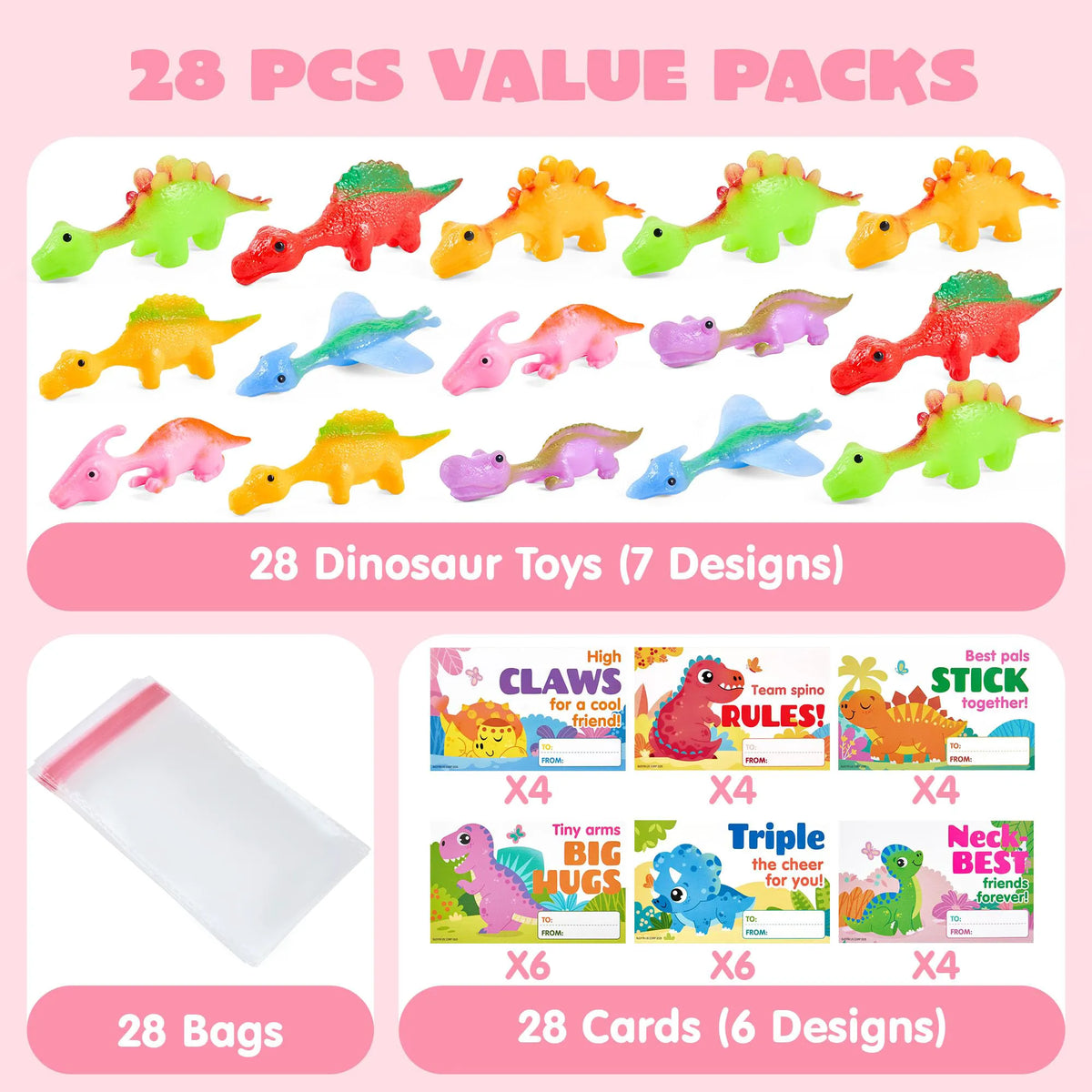 JOYIN 28-Piece Valentine's Day Slingshot Dinosaur Toys with Cards