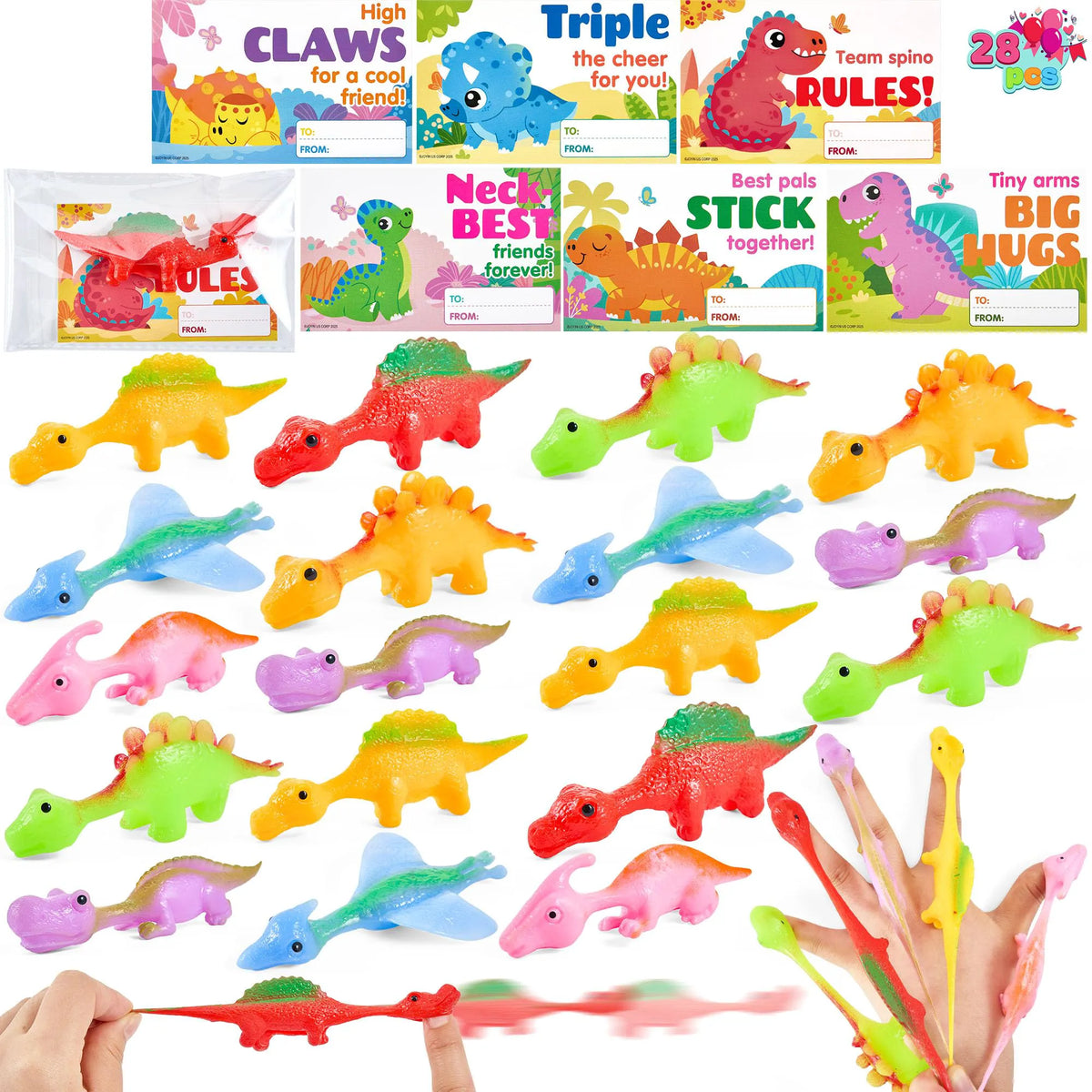 JOYIN 28-Piece Valentine's Day Slingshot Dinosaur Toys with Cards