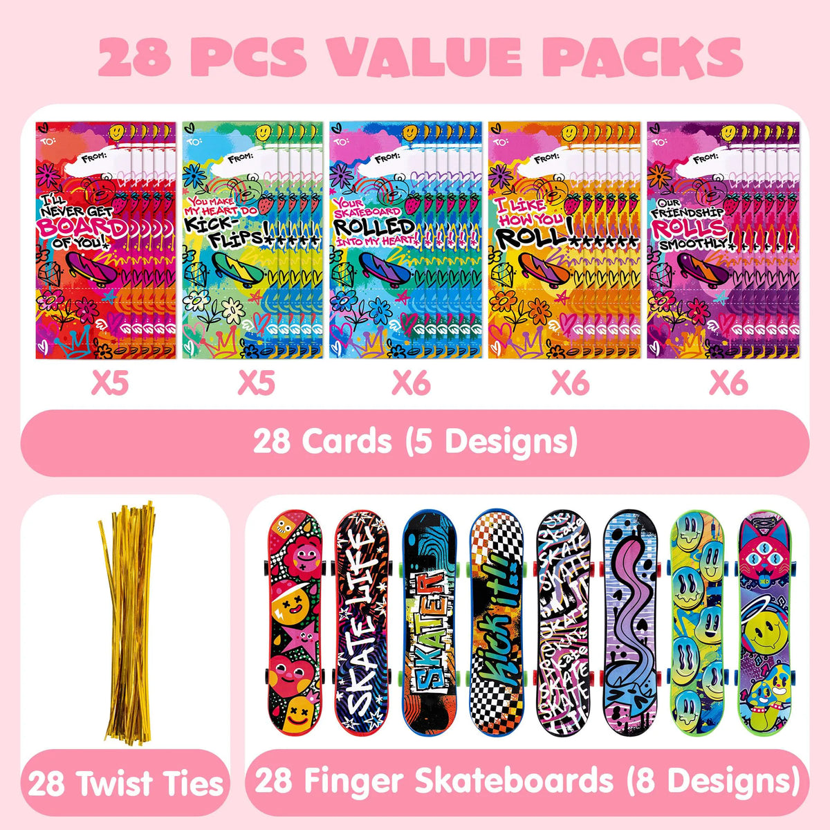 JOYIN 28-Piece Valentine's Day Finger Skateboards with Cards for Kids, Party Favors