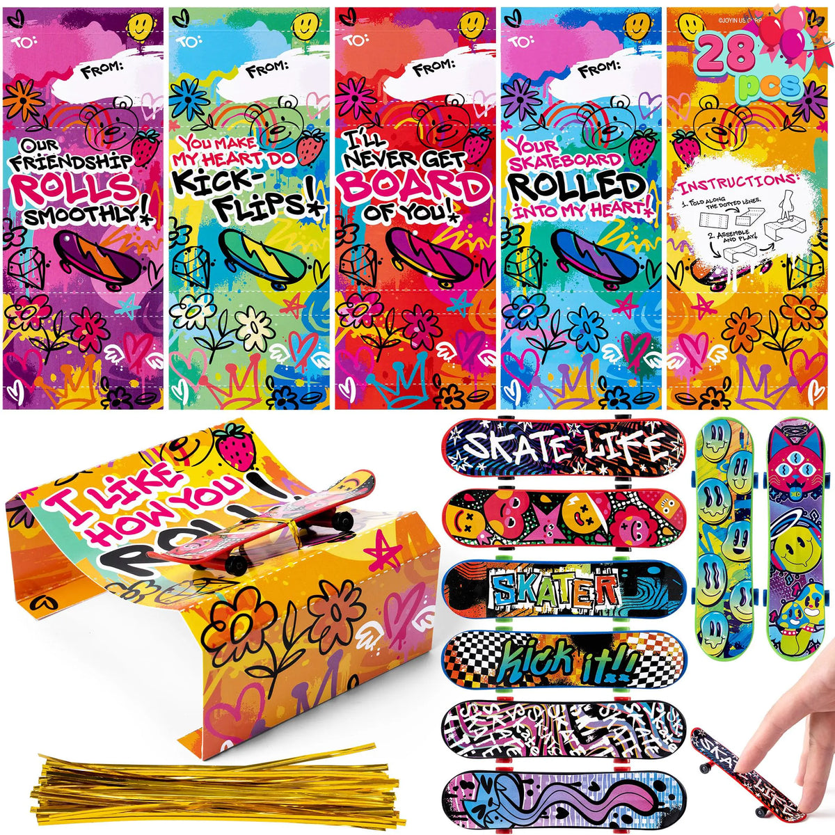 JOYIN 28-Piece Valentine's Day Finger Skateboards with Cards for Kids, Party Favors