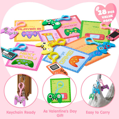 JOYIN 28 Pcs Video Game Keychains, Multi Colored Keychains & Cards with 7 Designs - Valentine's Day Gift
