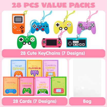 JOYIN 28 Pcs Video Game Keychains, Multi Colored Keychains & Cards with 7 Designs - Valentine's Day Gift