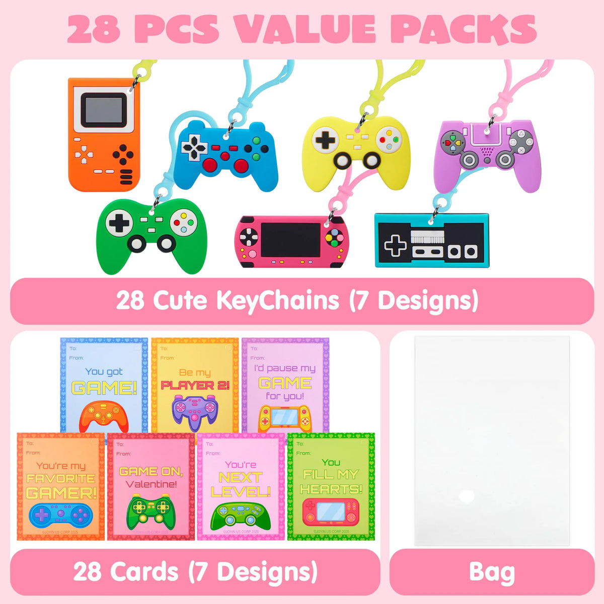 JOYIN 28 Pcs Video Game Keychains, Multi Colored Keychains & Cards with 7 Designs - Valentine's Day Gift
