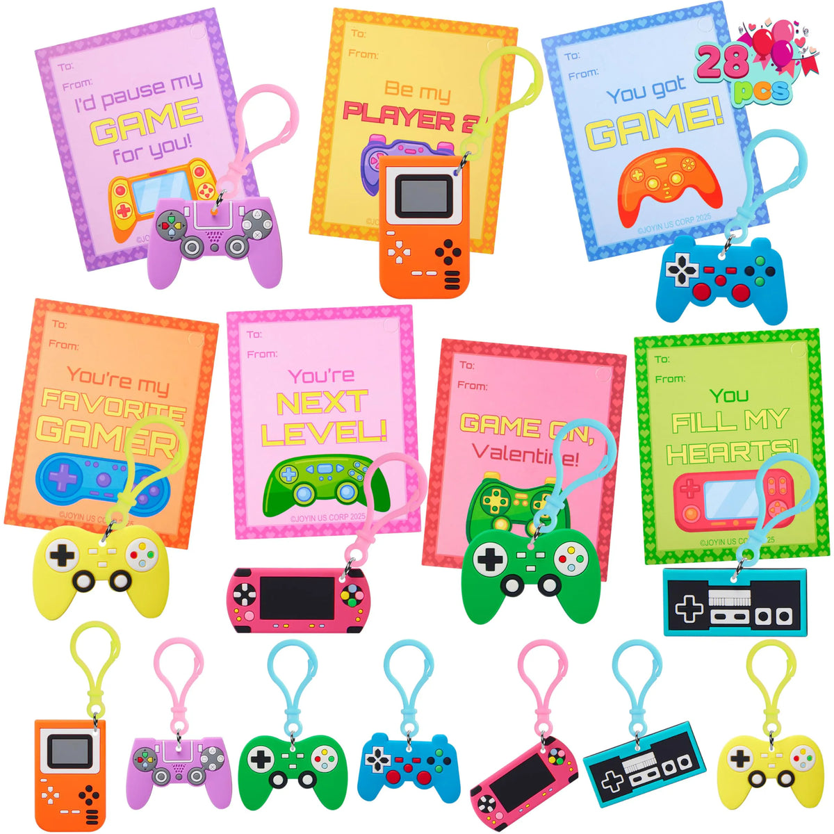 JOYIN 28 Pcs Video Game Keychains, Multi Colored Keychains & Cards with 7 Designs - Valentine's Day Gift
