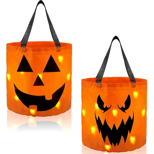 2-Pack Halloween LED Pumpkin Buckets - Trick or Treat Bags, Reusable Goody Buckets