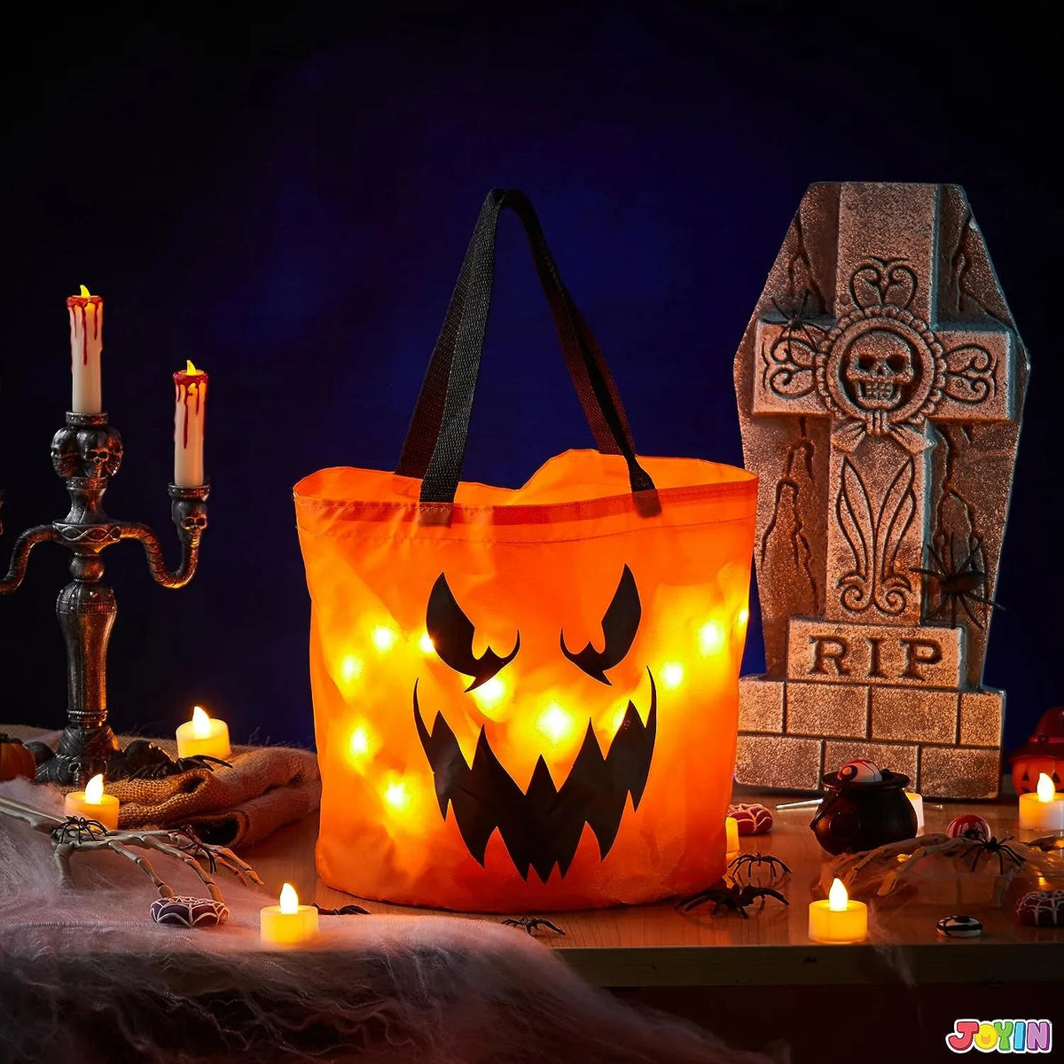 2-Pack Halloween LED Pumpkin Buckets - Trick or Treat Bags, Reusable Goody Buckets