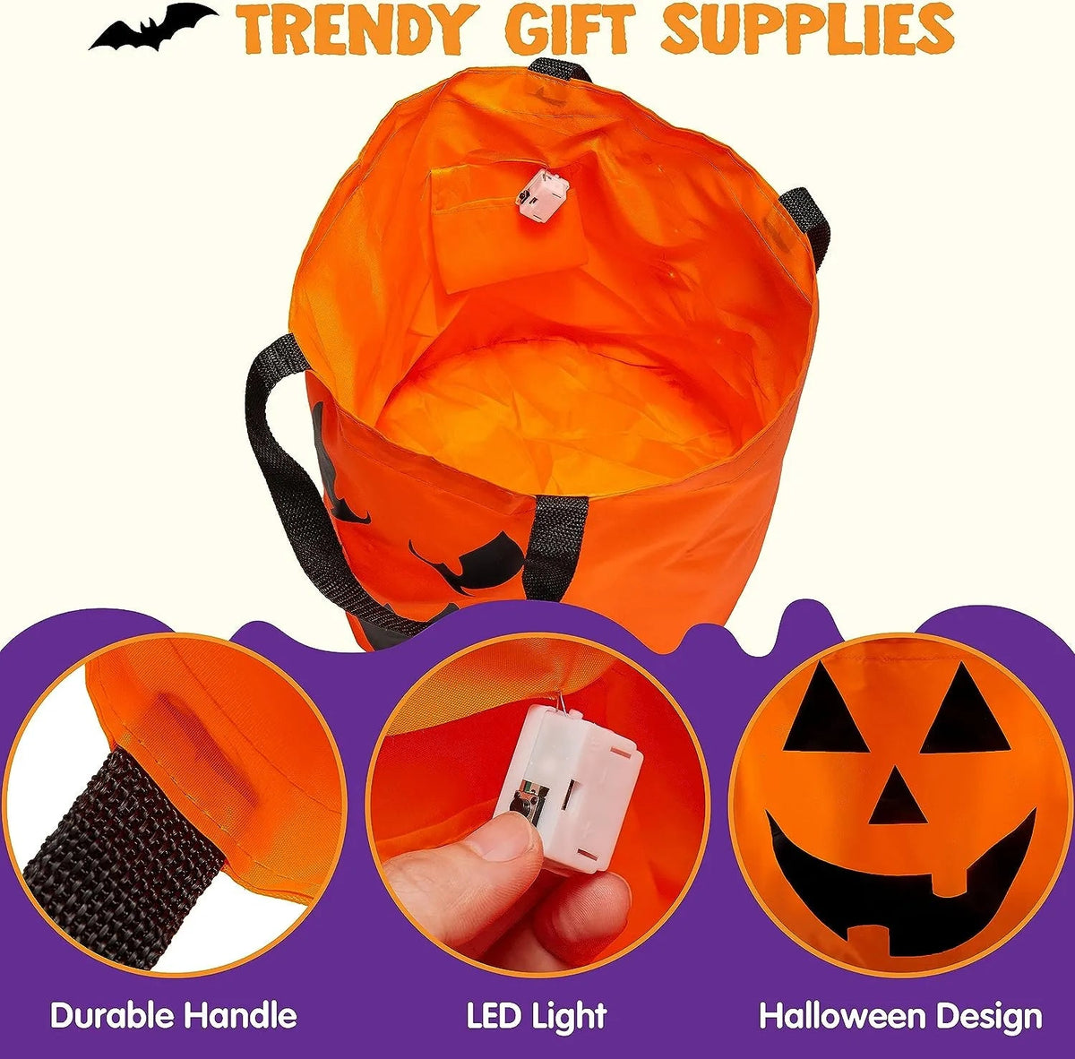 2-Pack Halloween LED Pumpkin Buckets - Trick or Treat Bags, Reusable Goody Buckets