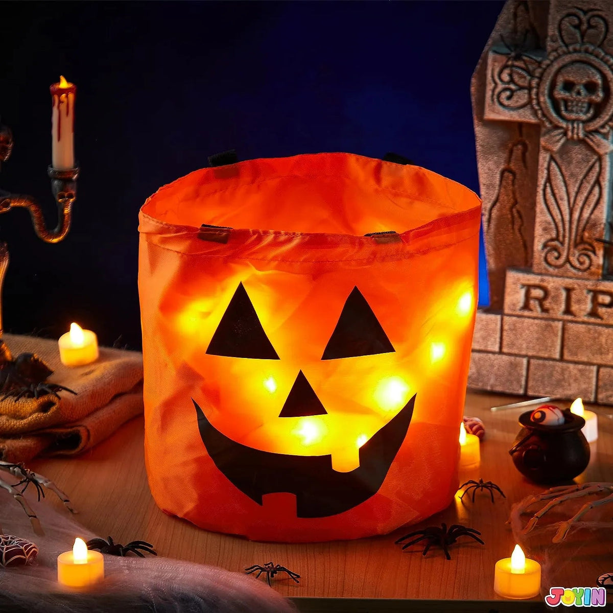 2-Pack Halloween LED Pumpkin Buckets - Trick or Treat Bags, Reusable Goody Buckets