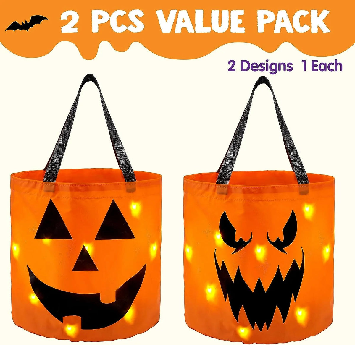 2-Pack Halloween LED Pumpkin Buckets - Trick or Treat Bags, Reusable Goody Buckets