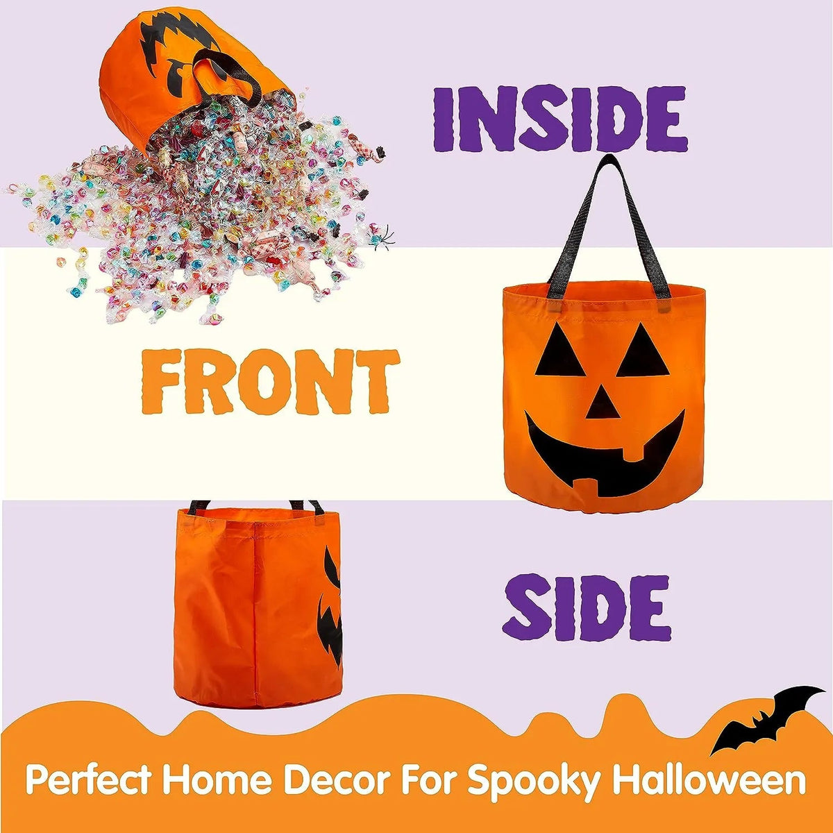 2-Pack Halloween LED Pumpkin Buckets - Trick or Treat Bags, Reusable Goody Buckets