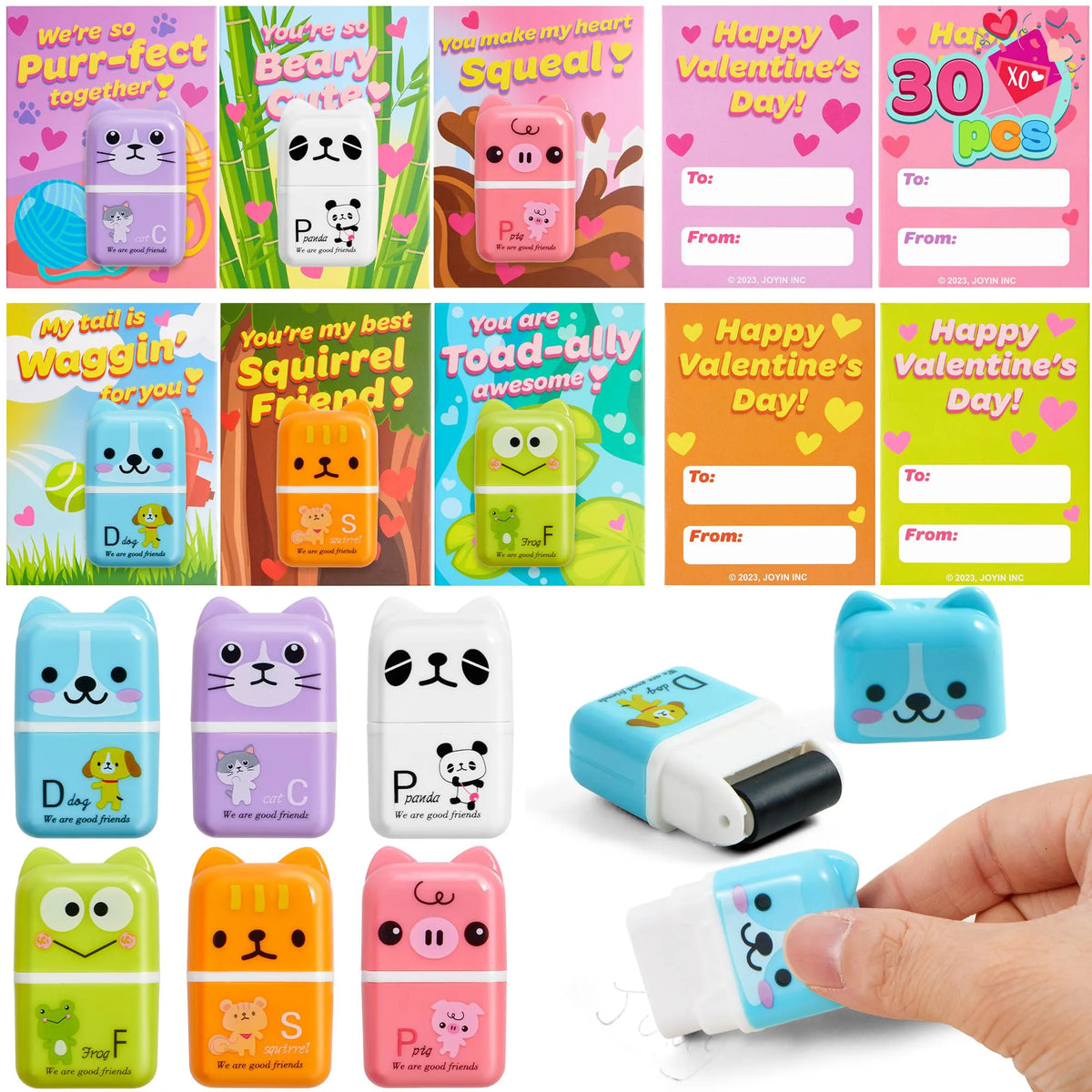 JOYIN 30-Piece Valentine's Day Animal Erasers Set with Clean Up Roller - Perfect for Party Favors and Gifts
