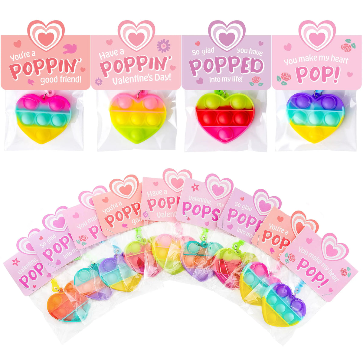JOYIN 30-Pack Valentine's Day Gift Cards with Heart Pop Bubble Keychain Stress Relief Fidget Toys for Kids