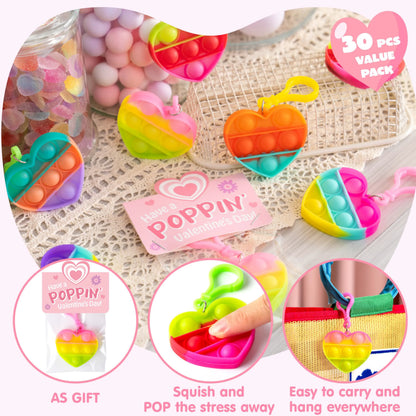 JOYIN 30-Pack Valentine's Day Gift Cards with Heart Pop Bubble Keychain Stress Relief Fidget Toys for Kids