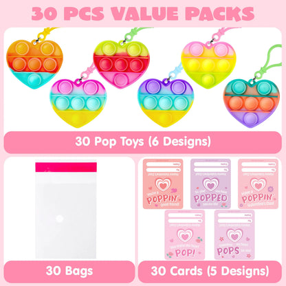 JOYIN 30-Pack Valentine's Day Gift Cards with Heart Pop Bubble Keychain Stress Relief Fidget Toys for Kids