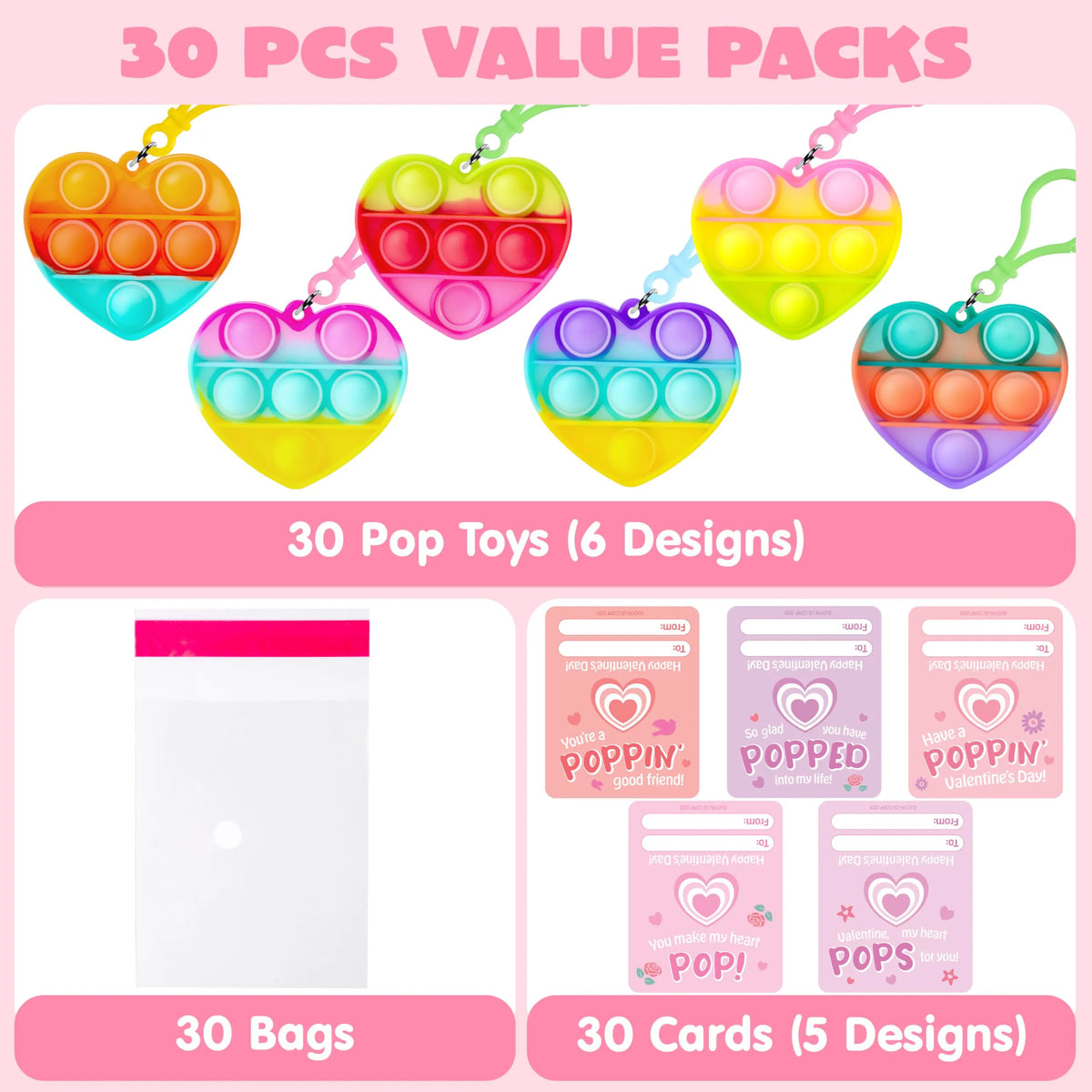 JOYIN 30-Pack Valentine's Day Gift Cards with Heart Pop Bubble Keychain Stress Relief Fidget Toys for Kids