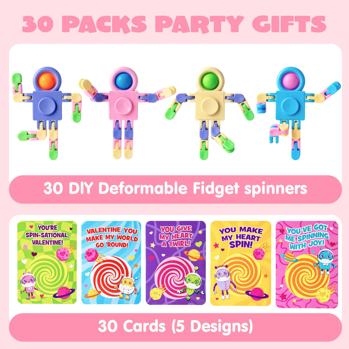 JOYIN 30-Pack Valentine's Day Pastel Robot Fidget Spinners with Cards